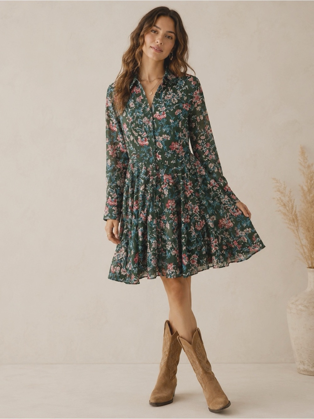 NWT Design Lab Woman Forest Green Floral Chiffon Ruffle Button Front Dress SMALL